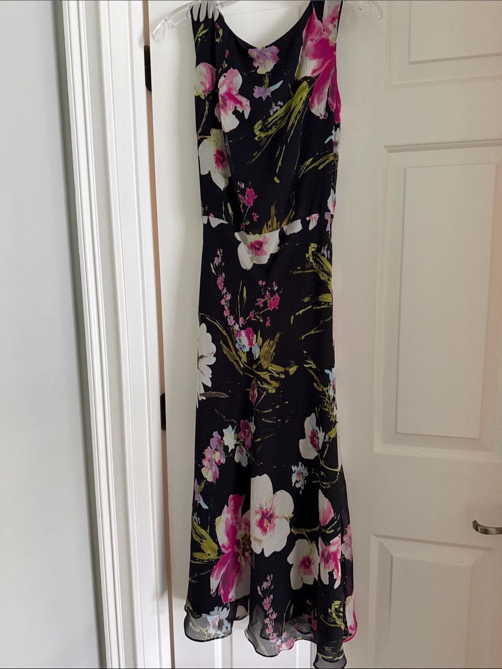 Talbots Black Midi Dress with Pink, White and Green Floral Pattern